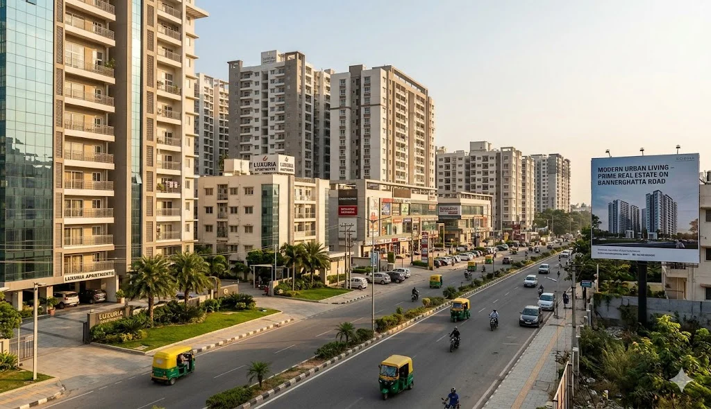 Modern skyline of Bannerghatta Road featuring Vega City Mall, Royal Meenakshi Mall, and Apollo Hospitals.